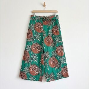 Nicole Miller New York Linen Wide Leg Crop Pants Green Palm Print Womens Large